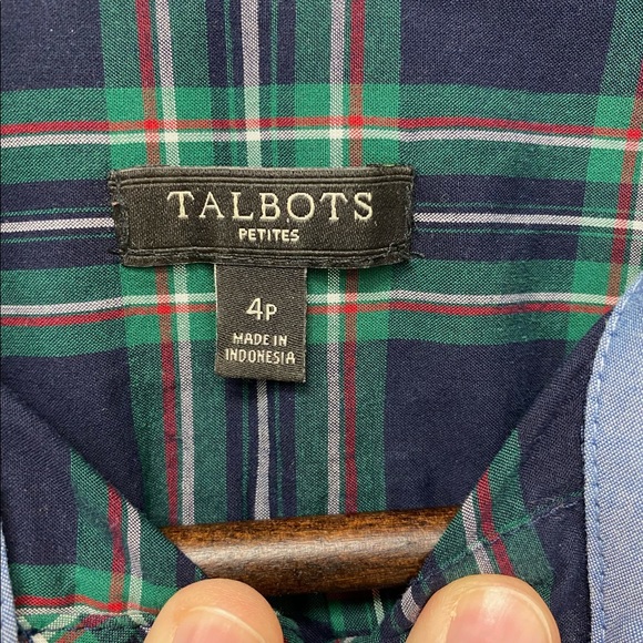 Talbots Navy and Green Holiday Plaid Ruffle Shirt - Picture 4 of 6